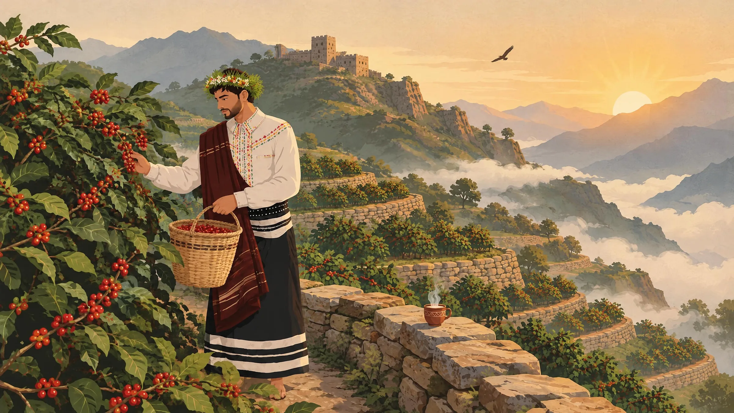 رسم لمزارع بالزي الخولاني التقليدي يقطف ثمار البن الحمراء على مدرّج حجري عند الشروق، وخلفه حصن على قمة الجبل